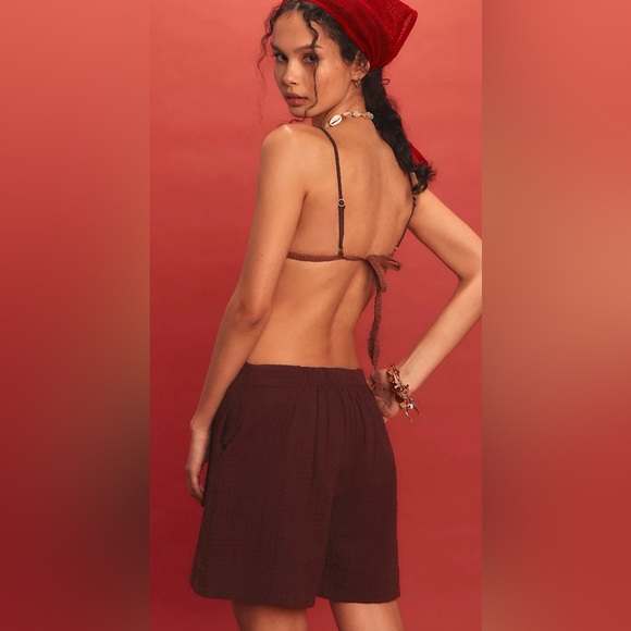 NWT Free People Pucker Chocolate Fondant Check Wrap Shorts Tie-Waist Shorts - Picture 4 of 8